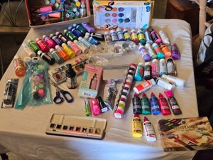 Lot of Art and Craft Supplies including Paints, Pastels, and Accessories - Most  paints have been opened and parrtially used