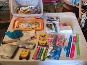 Lot of office and art supplies including Crayola colored pencils and markers, ruled index cards, highlighters, assorted pens, pencils, rulers, and tape