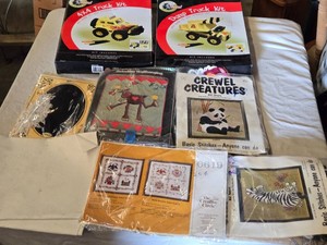 Lot of Craft Kits including Build and Create Foam Truck Kits, Crewel Creatures, and Creative Circle