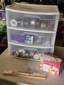 Lot of Ribbon Supplies and Tools including Bowdabra Designer Bowmaker, Create-A-Bow Tool, and Storage