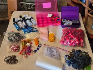 Lot of Craft Supplies including Glitter Chimp, Trim-It-Up Ribbons, and Craft Beads