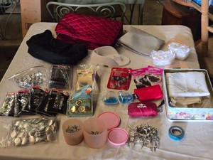 Lot of Crafting Supplies including Simplicity Hair Clips, Tulip Iron-On Glass Crystals, and Mini Light Adhesive Clips, Rosary Crosses