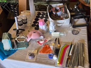 Craft Supplies, Parts of a Mug Press, Mug Spinner, UV Nail Lamp, and Miscellaneous Tools