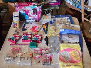 Assorted Craft Supplies including Next Style Fashion Decorator Kit, Beatrix Potter Cross Stitch Kit, Tulip Iron-On and DecoArt Sand