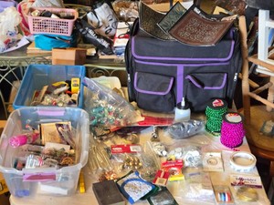 Craft Supplies and Tools Collection including Beads, Mounting Tape, and Bow Wire and Bag