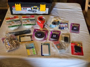 Toolbox with Supplies including Magnetic Tape, Peel & Stick Caulk, and Accessories