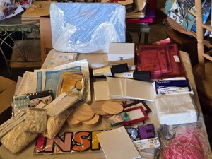Craft Supplies Including Wooden Pieces, Tiles, Felt Rolls, Lace, and More
