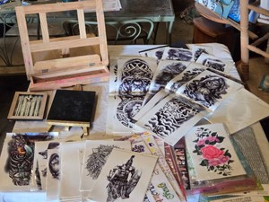 Lot of Tattoo Designs, Tools, and Accessories including Floral Wrap and Stencils