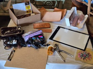 Lot of Leather Crafting Supplies, LED Light Box (no cord), and Tools