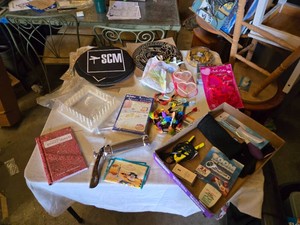 Lot of Craft and Kitchen Items including Biscuits Maker, Crochet Book, Cookie Cutters, and Craft Supplies