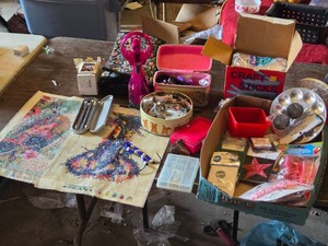 Lot of Craft Supplies including Craft Sticks, and Beaded Art Projects