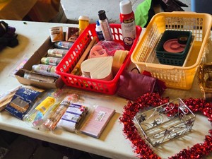 Assorted Craft Supplies including Tulip Color Shot Fabric Paints, Rust-Oleum Polyurethane, Heart-Shaped Wooden Boxes, and More Craft Items