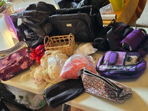 Lot of Various Bags and Craft Supplies including Floral Bag, Purple Bag, and Lace