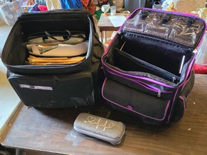 Lot of Craft Supplies including Crop-in-Style Organizer, Paper Shapers Scissors Set, and Fiskars Trimmer - 2 Rolling Craft Bags