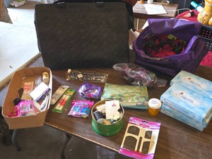 Assorted Craft and Sewing Supplies - Pampered Chef Bag - including needles, shoe laces, scented hygiene bags, decorative flowers