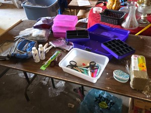 Lot of Craft Supplies Including Purple Organizer Box, Scissors, Dura-Stick Plus TENS Electrode Pads and Floral Foam