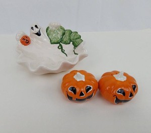 6B - Halloween Decor - Ceramic Ghost Dish & Pumpkin Salt and Pepper Shakers Mixed Lot