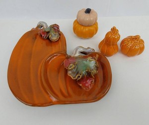 Pumpkin Salt & Pepper Shakers With Dish Mixed Lot