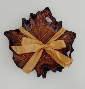 Glass Leaf Serving Dishes - Amber Maple Leaf Set (Lot of 2)