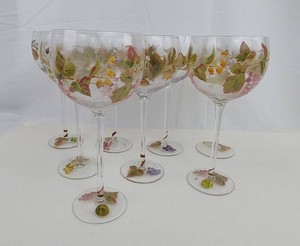 6B - Wine Glasses - Black Crystal Hand-Painted Floral (Lot of 8)