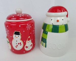 Cookie Jars - Christmas Snowman & Santa Snowman Ceramic (Lot of 2)