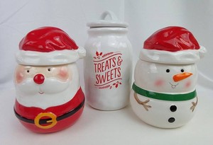 Christmas Ceramic Canister Set - Hallmark Santa, Snowman & Treats & Sweets
