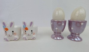 Egg Cup Set - Bunny & Purple Polka-Dot Designs (Lot of 4)