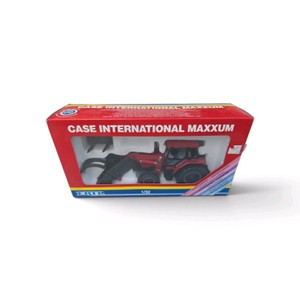 Vintage ERTL Case International Maxxum die-cast tractor in 132 scale, complete with its front-end loader and interchangeable attachments.