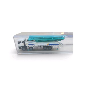 155 scale Kaidiwei die-cast concrete pump truck model in white and teal, enclosed in a clear plastic display case