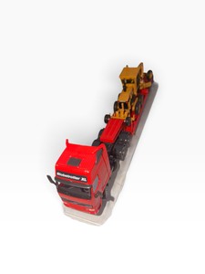 150 Die-Cast Red Semi Lowboy Rig with CAT Motor Grader in Acrylic Case