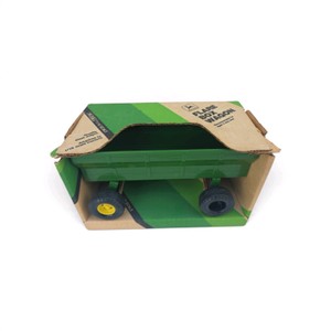 green-and-yellow 116 scale John Deere Flare Box Wagon made by ERTL in its original box