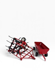 Vintage ERTL Red Farm Wagon & Field Cultivator  2-Piece Farm Toy Lot