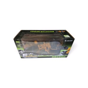 6-Channel RC Bulldozer toy branded as Cooler Bulldozer (coolerstuff), featuring a yellow track-type tractor and a remote control inside a window box.