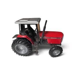 Red and gray die-cast toy tractor labeled Massey Ferguson 8120