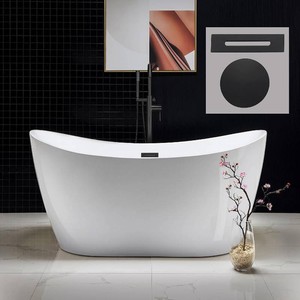 WOODBRIDGE 59 Acrylic Freestanding Bathtub Contemporary Soaking White Tub with Matte Black Overflow and Drain