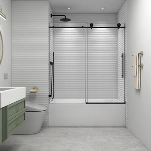 55-60 W x 63 H Frameless Single Sliding Bathtub Shower Door,Soft Closing & Water Repellent,516(8mm) Tempered Glass with Nano Explosion-Proof Film,Matte Black Tub Enclosure