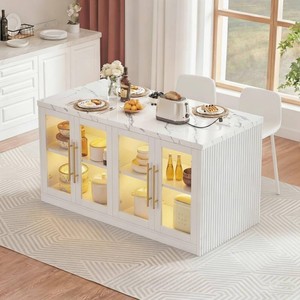 Homiflex Kitchen Island 27.6D x 55.12W x 31.5H with Storage,Imitation Marble Island Table with LED  Lights