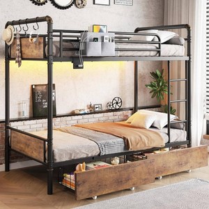 Jocoevol Metal LED Bunk Bed Twin Over Twin with 2 Storage Drawers, USB Charging