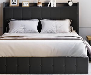 Garvee Full Size Upholstered Velvet Bed Frame with Hydraulic Lift Storage Storage Headboard with USB and Outlets Metal Platform Black