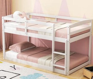 KOMFOTT Twin Over Twin Solid Wood Low Bunk Bed with Full Guardrails & Integrated Ladder