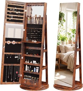OLIXIS 360° Swivel Jewelry Cabinet with Light, Lockable Full Length Mirror 