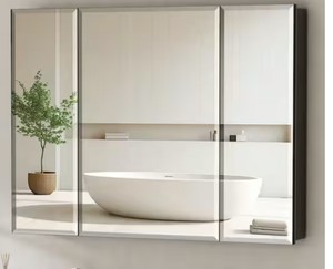 40 in. W x 30 in. H Rectangular Black Aluminum Bathroom Medicine Cabinet with Mirror Beveled Edge Triple Door