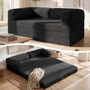 Erament Convertible Black Sofa Bed, Tri-Folding Mattress Queen Futon Couch Bed,