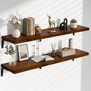 Deep Floating Shelves for Wall 60 Inch Pine Wood, Set of 2, Walnut