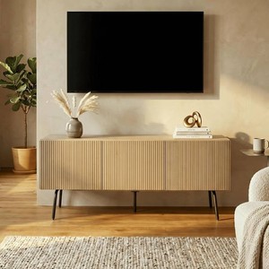 Veil TV Stand with 3 Doors for TVs up to 60, Media Console with Vertical Groove Design and Metal Legs