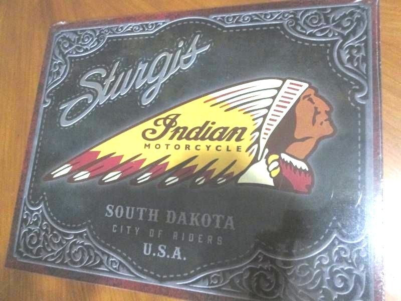 Sturgis SD Indian motorcycle metal sign measures 12 x 14 inches