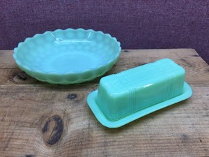 Green Jadeite Butter Dish & Bubble Glass Bowl - Good
