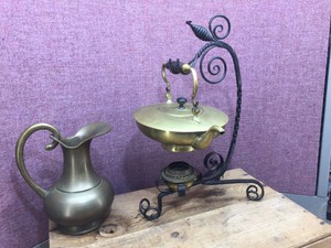 Antique Cast and Brass Teapot with Warmer  a Pitcher
