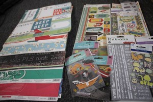 Assorted baby boy themed scrapbooking supplies