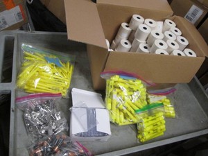 Hiliters name badge holders, AABatteries, paper rolls and clips